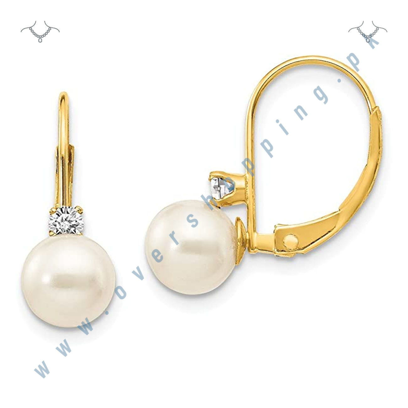 Elegant Solid 14k Yellow Gold Leverback Earrings with Freshwater Pearls and Diamonds by Sonia Jewels