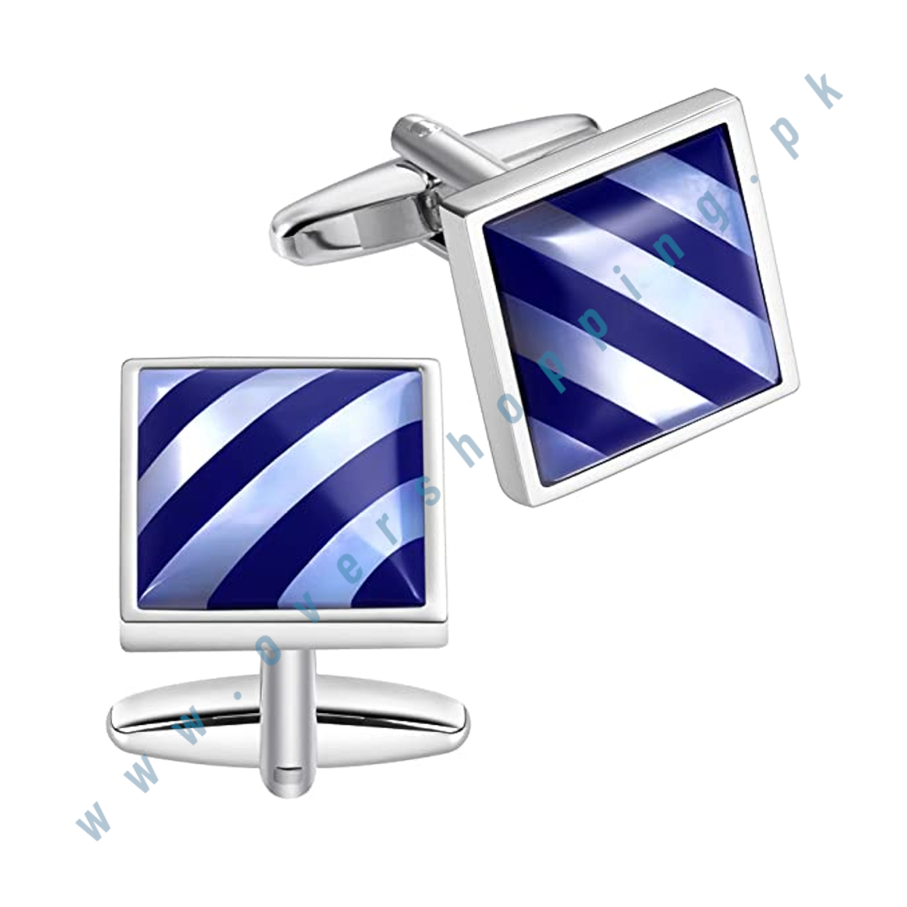 HAWSON Cufflinks for Men Gift Box Packing - Handmade Classic Mother of Pearl Silver - White Seashell & Blue Stripes