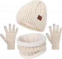 Stylish Warmth Package: Thick Knit Cap, Fleece Lined Scarf, and Touchscreen Gloves, Z-beige