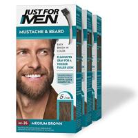 Just For Men Mustache & Beard, Beard Coloring for Gray Hair with Brush Included for Easy Application, Medium Brown, M 35, 3 Pack