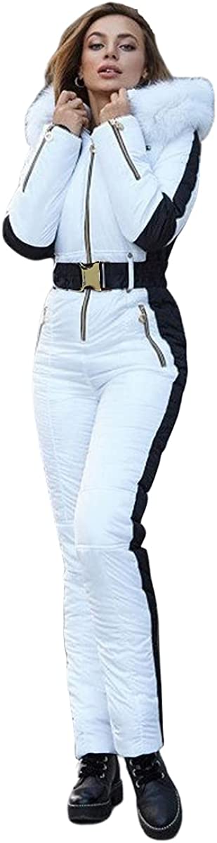 Yousify Womens Winter Onesies Ski Jumpsuits Outdoor Sports Waterproof Snowsuit Removable Fur Collar Coat Jumpsuit - White, XXL