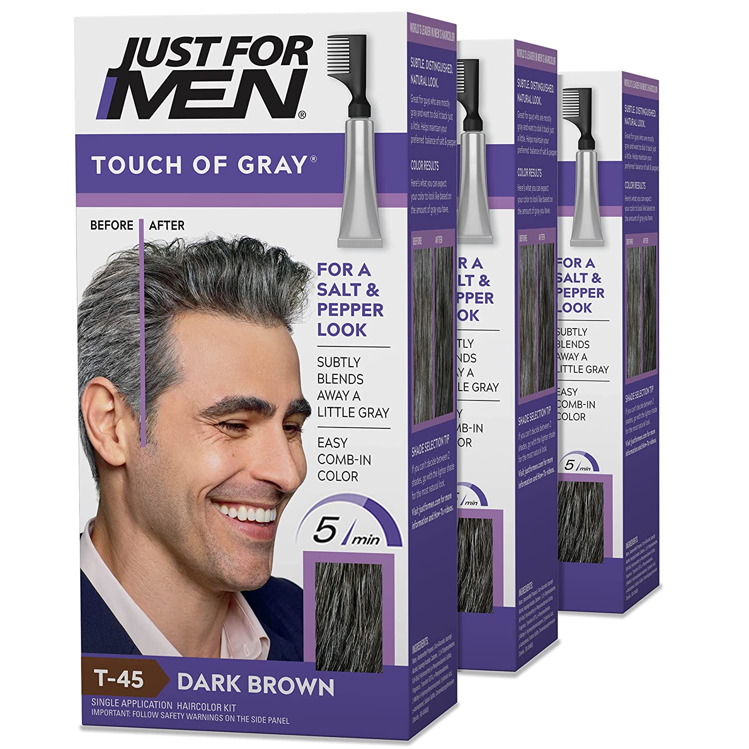 Just For Men Touch of Gray, Gray Hair Coloring for Men with Comb Applicator Dark Brown, T-45 - Pack of 3