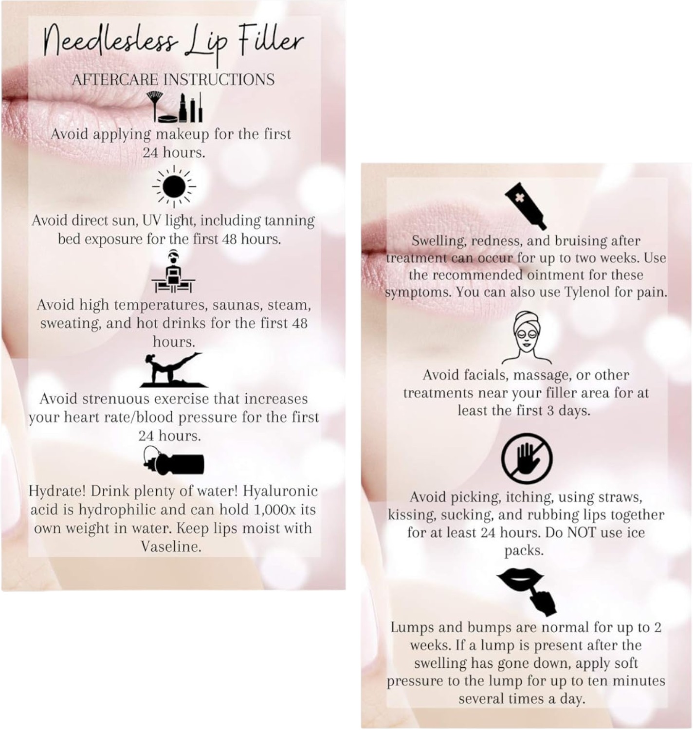 Boutique Marketing LLC Needleless Lip Filler Aftercare Instructions Card | 50 Pack | Premium Printed
