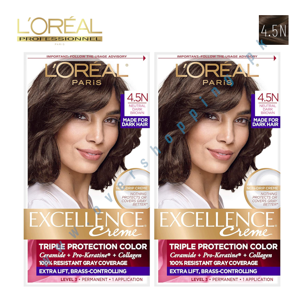 L'Oreal Paris Excellence Creme Permanent Triple Care Hair Color, Pack of 2, 4.5N Dark Neutral Brown