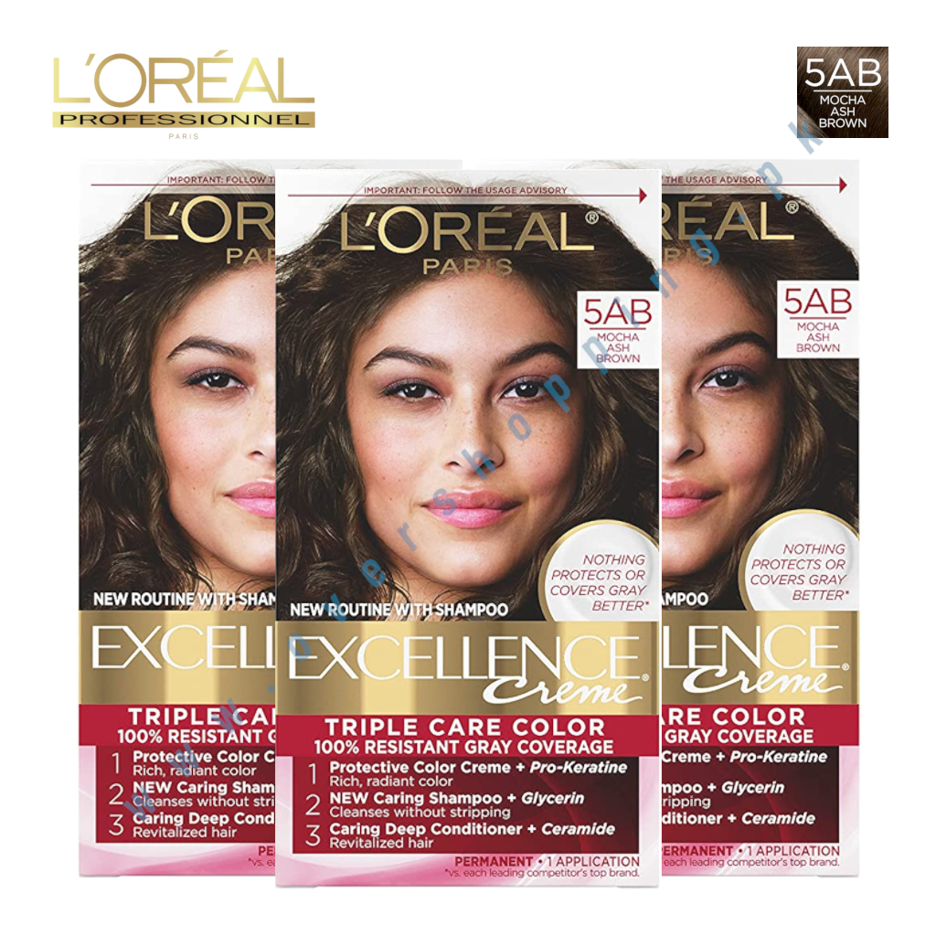 L'Oreal Paris Excellence Creme Permanent Triple Care Hair Color, Pack of 3, 5AB Mocha Ash Brown Hair Color