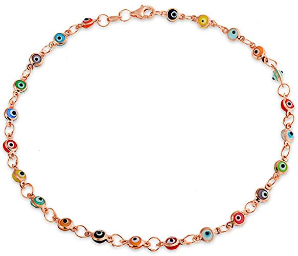 Bling Jewelry Turkish Multi-Color Navy Blue Evil Eyes Anklet – 14K Rose Gold Plated .925 Sterling Silver, 10 Inch Link Chain for Women & Teens