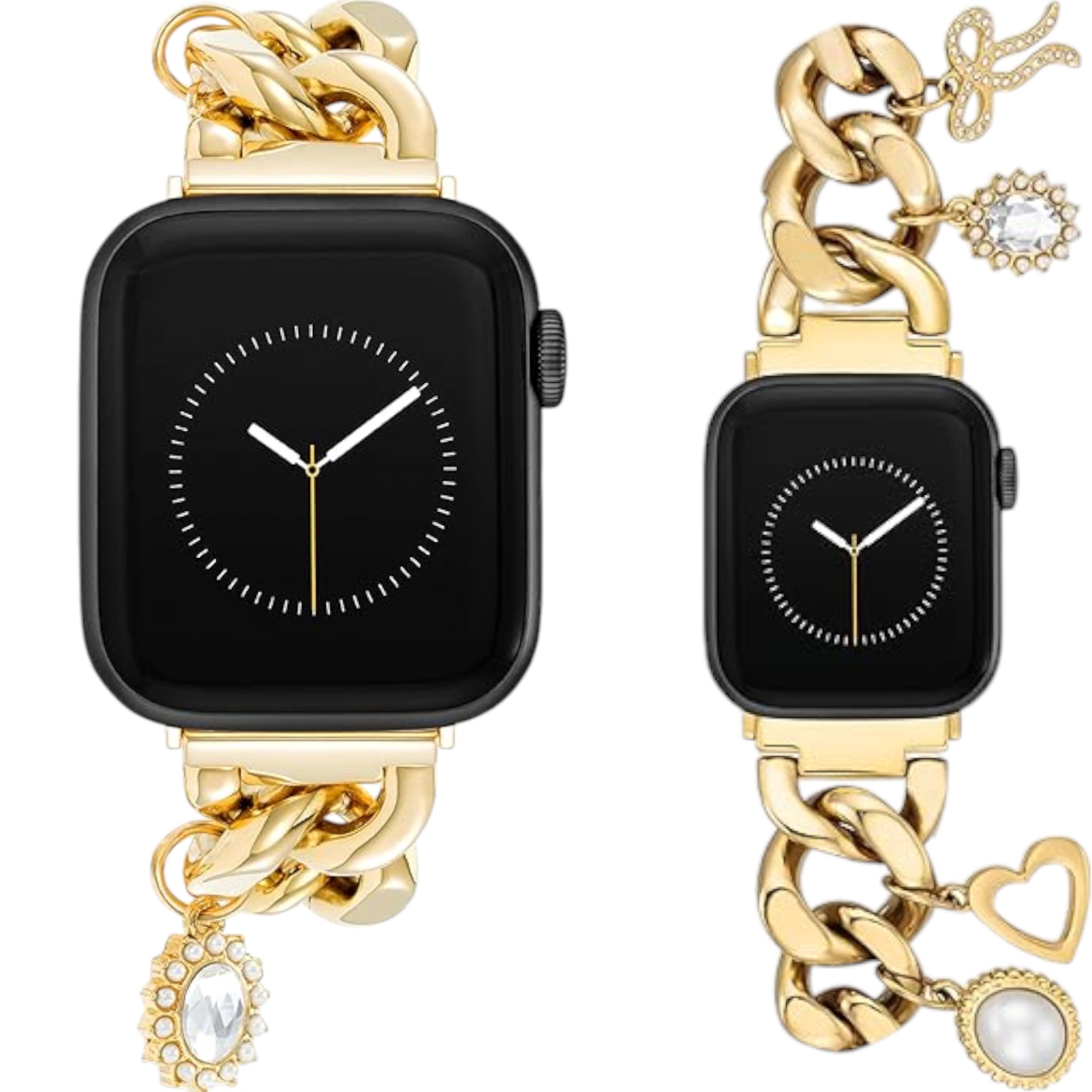 Anne Klein Fashion Chain Bracelet Apple Watch Band (Gold with Crystal Charms) — Adjustable Stainless Steel Replacement Strap for Women