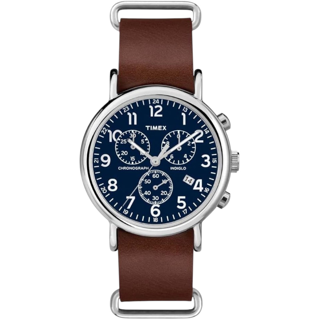 Timex Men’s Weekender 40mm Analog Watch with Blue Dial & Brown Genuine Leather Strap – Impor