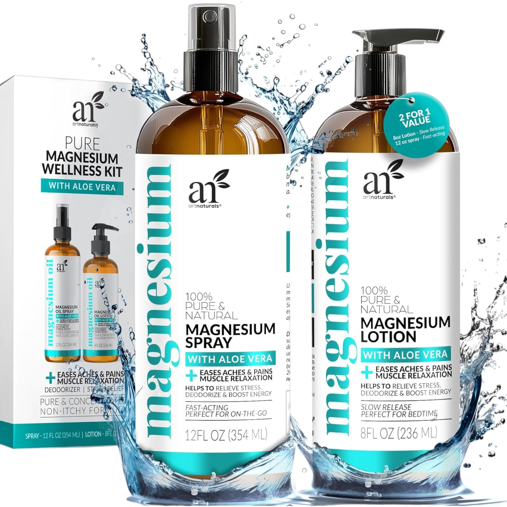 ArtNaturals Magnesium Oil Spray 12 oz + Body Massage Lotion Set 8 oz – Natural Extra Strength Relief & Relaxation for Muscle, Leg & Joint Care