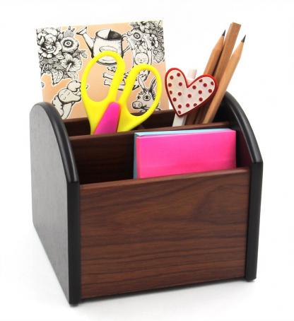Office Supplies Wood Desk Organizer Revolving Pencil Holder Accessories Remote Control Caddy, 4 Compartments
