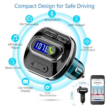 VicTsing V4.1 Bluetooth FM Transmitter for Car, Wireless Radio Transmitter Adapter with USB Charger, Music Player Support Aux Output