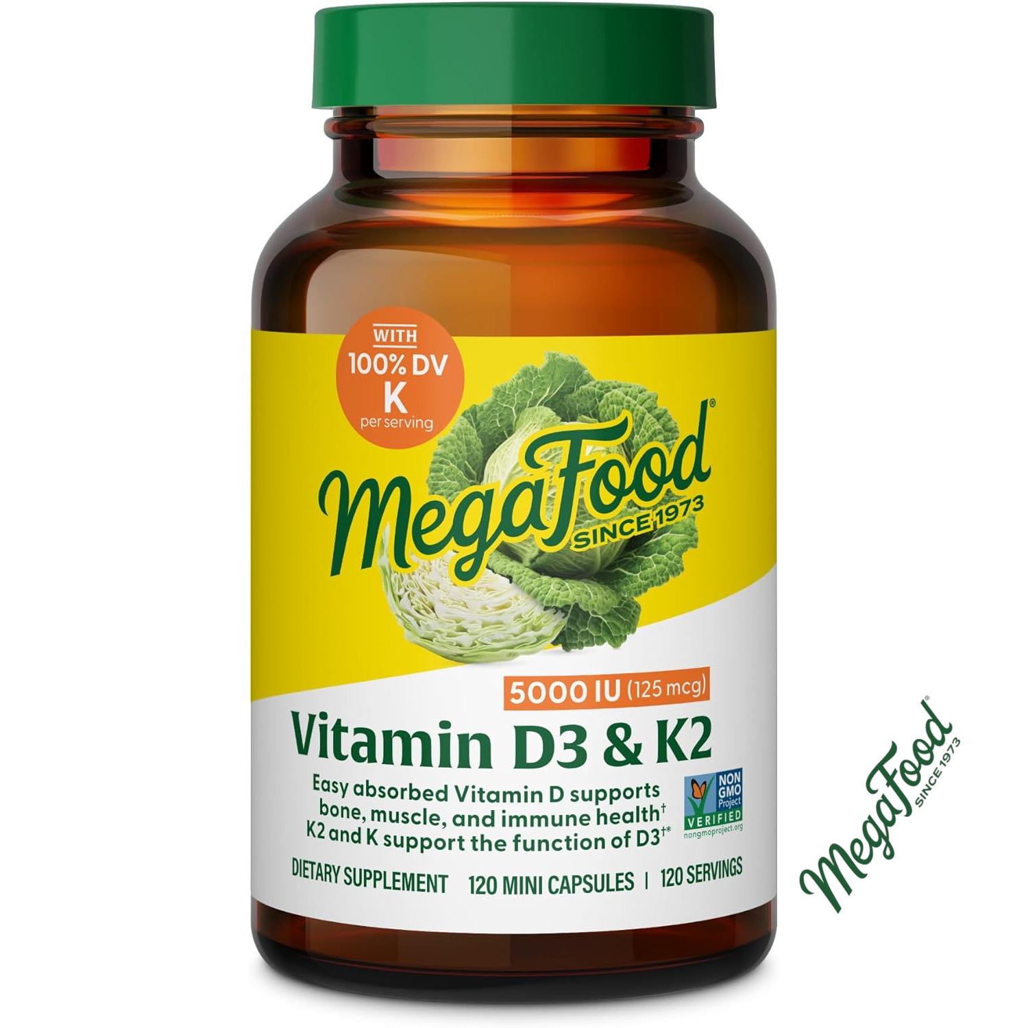 MegaFood Vitamin D3 125mcg + K2 80mcg Supports Bones, Teeth, Muscles & Immune Health D3 K2 Supplement - 120 Mini Capsules