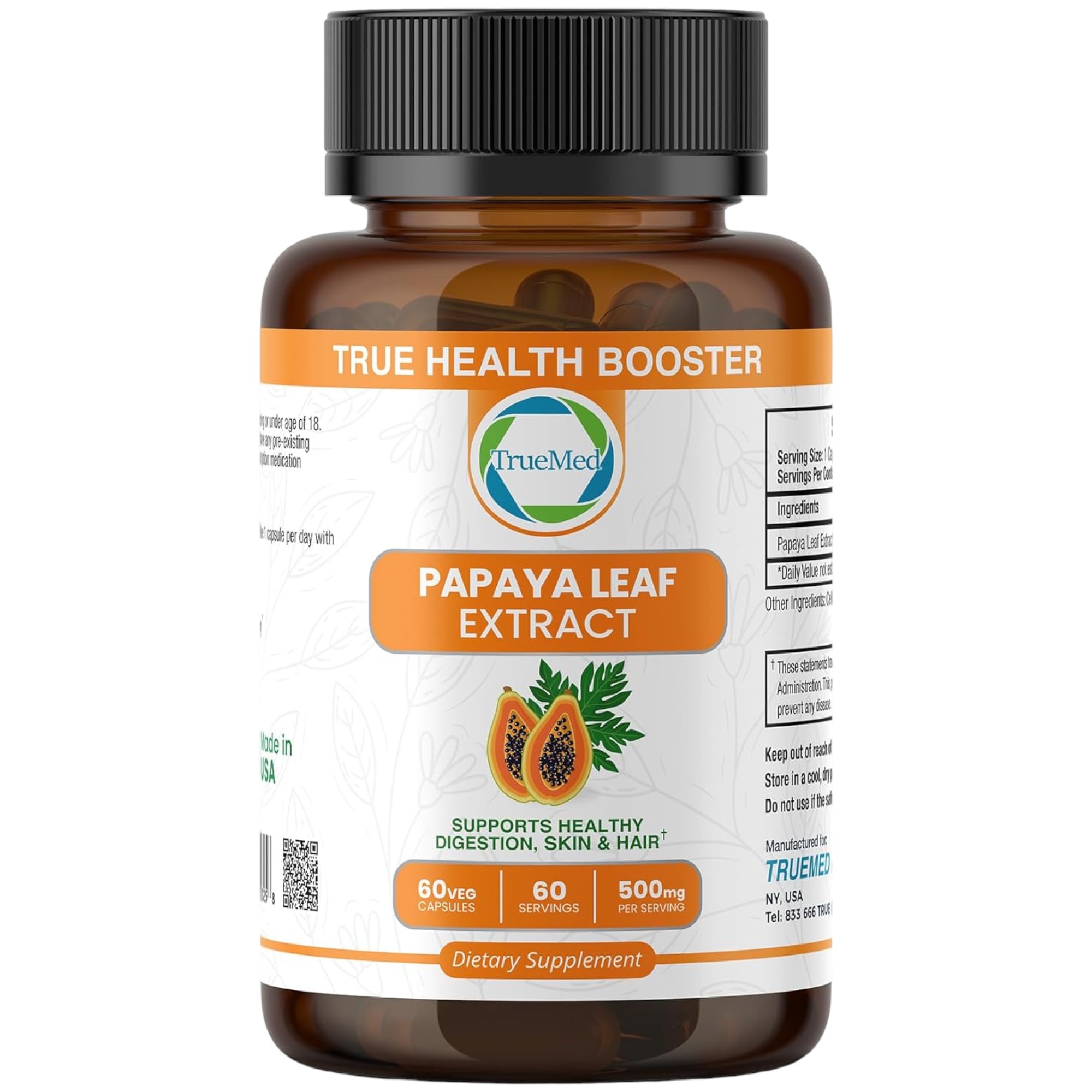 TrueMed Papaya Leaf Extract 500 mg – 4X Extra Strength Capsules for Blood Platelet Support, Hair & Skin Health, Digestive Wellness – 60 Vegan Capsules