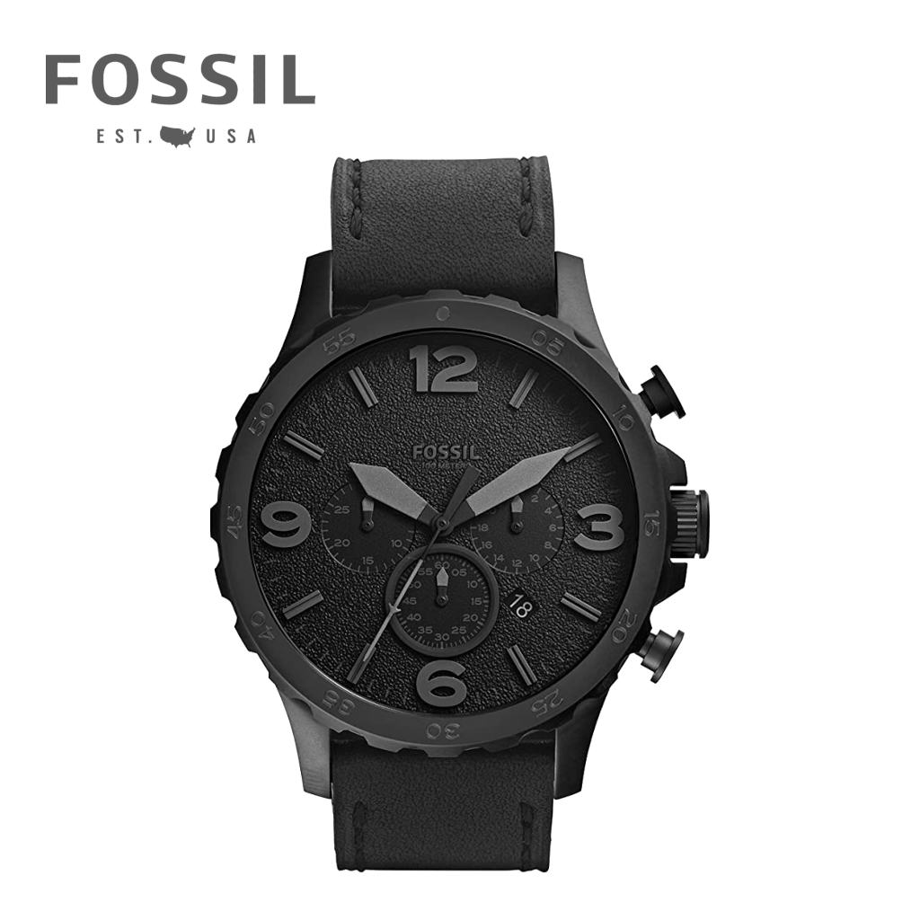 Fossil Men s JR1354 Nate Stainless Steel Chronograph Watch with Black Leather Band