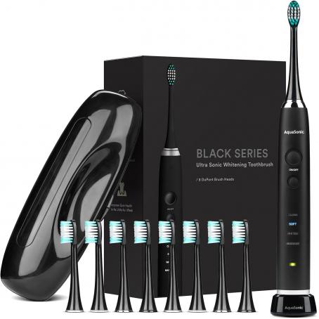 AquaSonic Black Series Ultra Whitening Toothbrush: 8 DuPont Heads, Travel Case, 40,000 VPM Motor, 4 Modes - Elevate Your Dental Routine