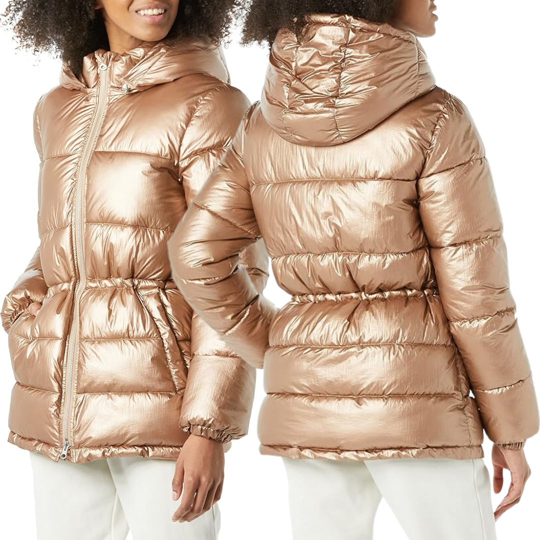 Amazon Essentials Women's Heavyweight Puffer Jacket with Drawstring Waist - Metallic Taupe