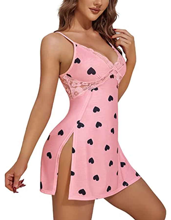 Avidlove Women Lingerie Lace Chemise Sexy Nightgown Modal Babydoll Side Slit Sleepwear - Love Print