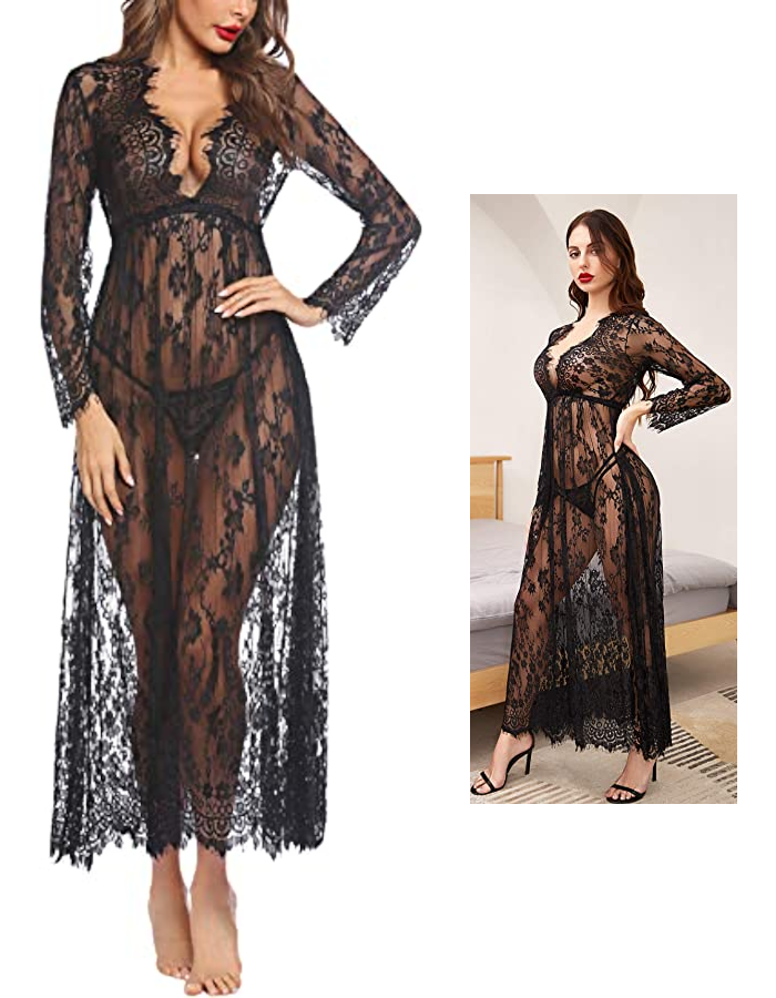 Avidlove Lingerie for Women Sexy Long Lace Lingerie Kimono Robe Babydoll Nightgown Mesh Nightdress -