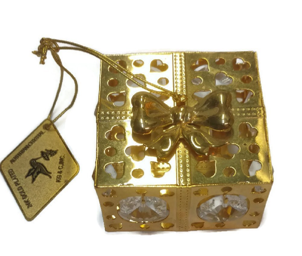 24k Gold Plated Gift Box Figurine with Austrian Crystal Components 2 Inches