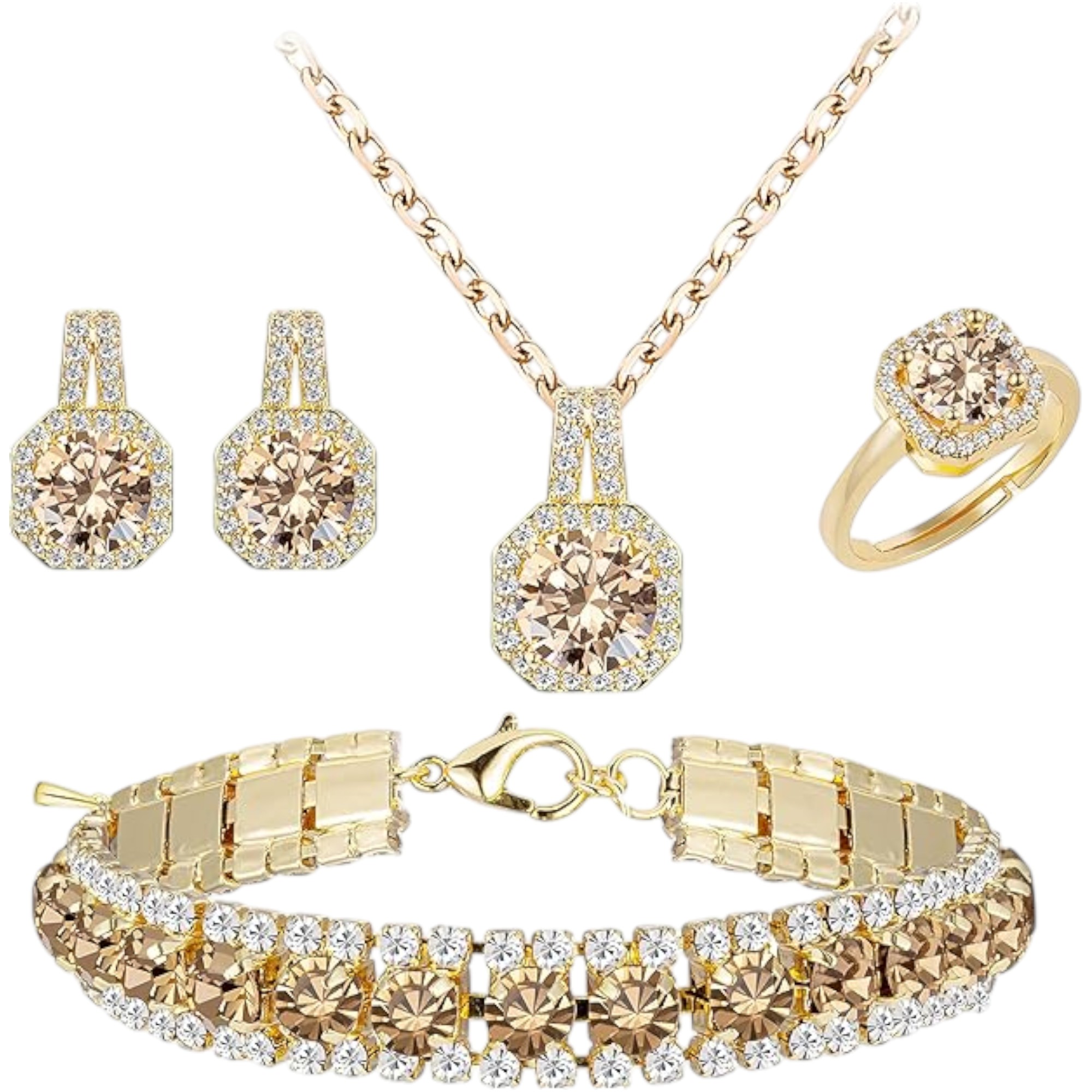 Paxuan 4pcs Cubic Zirconia Wedding Jewelry Set for Bride & Bridesmaids – Gold Plated Champagne Pendant Necklace, Earrings, Link Tennis Bracelet & Adjustable Ring