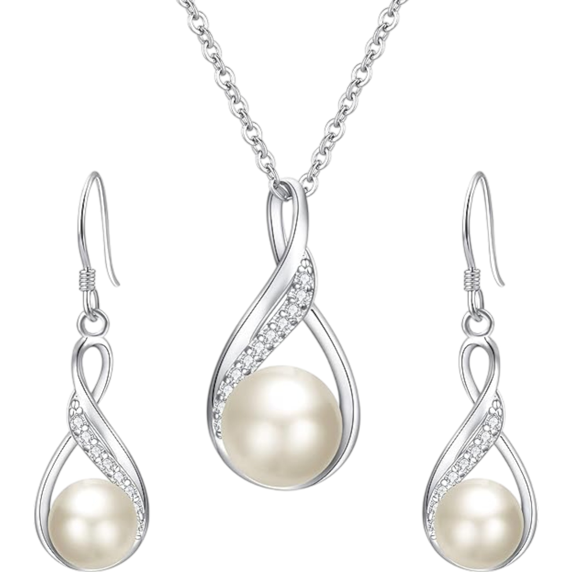 EleQueen 925 Sterling Silver Freshwater Cultured Pearls Bridal Pendant Necklace & Earrings Set (Luxury CZ, Adjustable, For Weddings & Gifts)