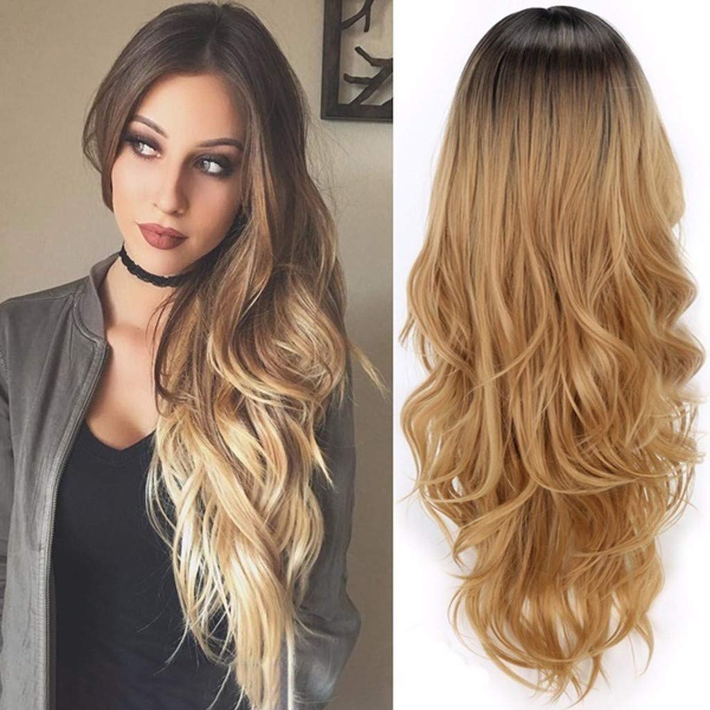 Wig Hair for Women Teen Girls, Iuhan Women Blonde Gradient Long Curly Synthetic Wig Full Lace Wig Fashion Wavy Party Cosplay Hair Wig (Gold)