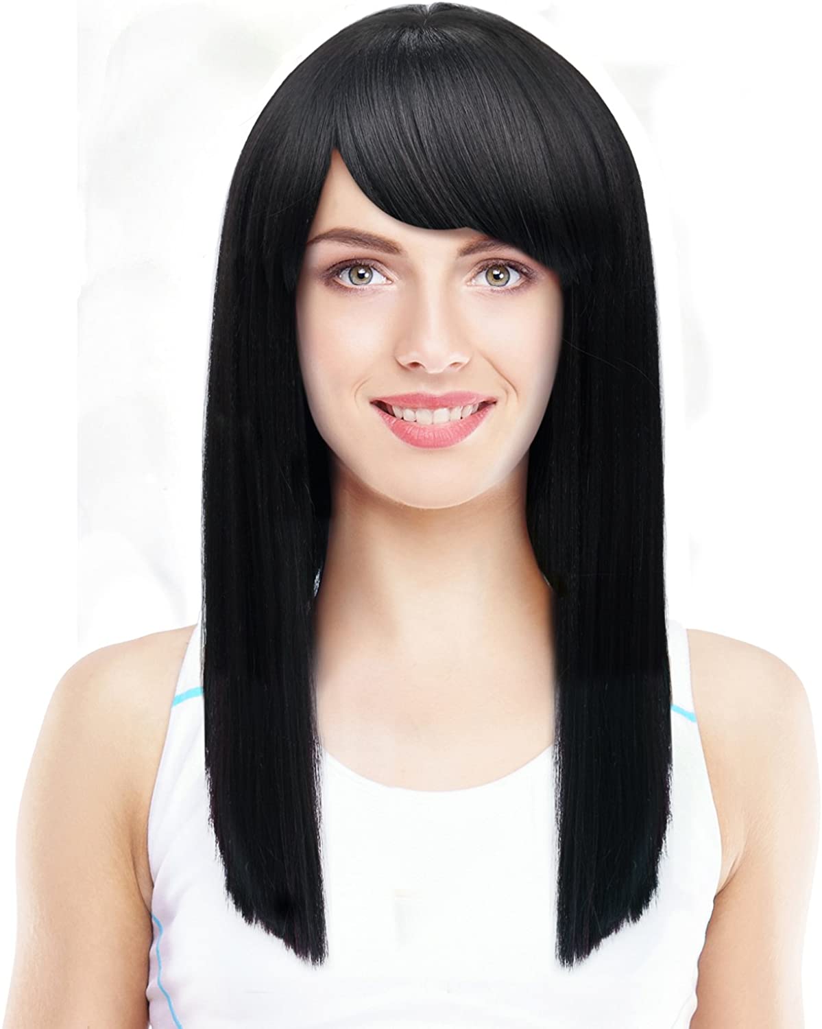 Silky Straight Wig with Bangs Natural Looking Medium Length Blunt Cut Synthetic Full Hair Wig for Women