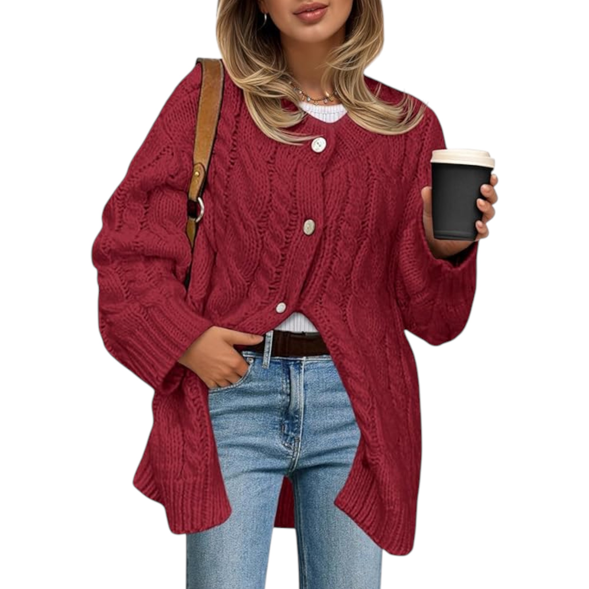 Saodimallsu Women’s Cable Knit Cardigan Sweater – Chunky Button-Up, Long Sleeve, Crew Neck, Soft Polyester, Oversized Warm Sweater Dress (Burgundy, X-Large)