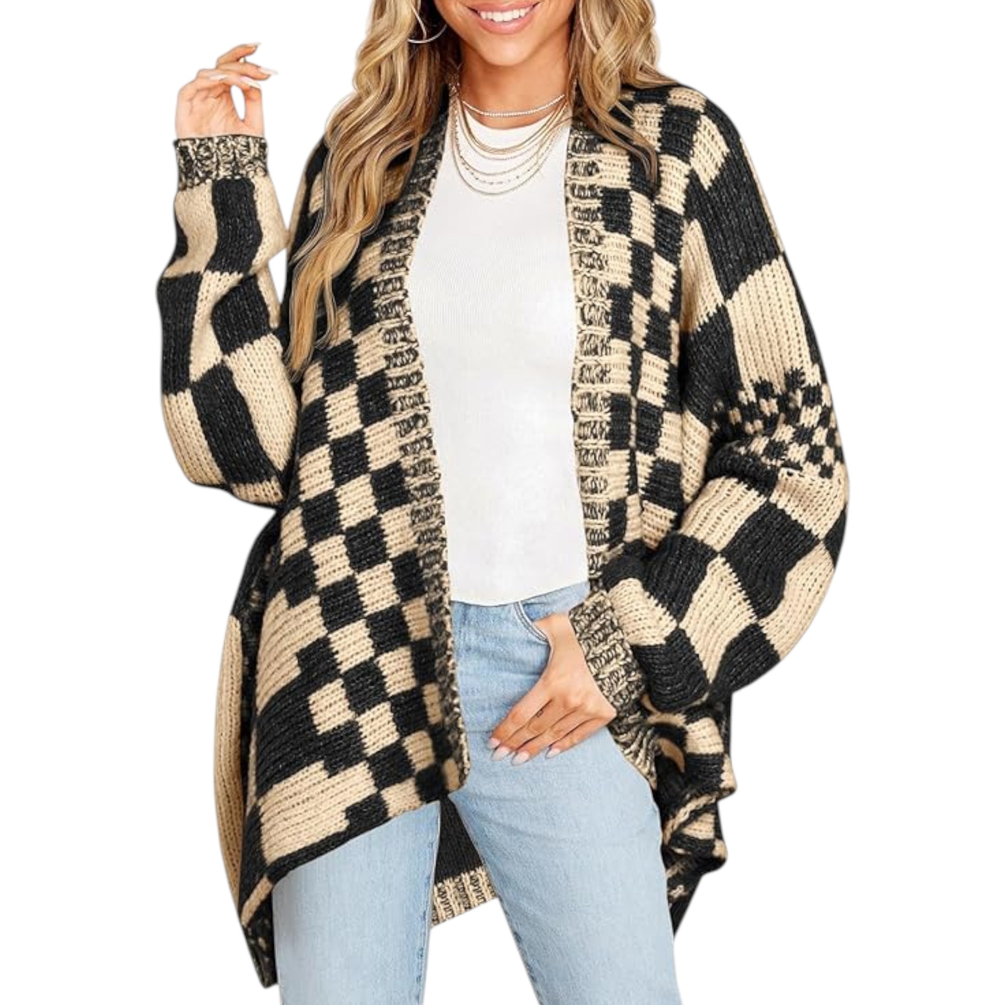 Saodimallsu Women’s Checkered Color Block Plaid Cardigan Sweater – Oversized Long Sleeve Knit Open Front Coat with Snap Closure (Apricot, Large US 12-14)