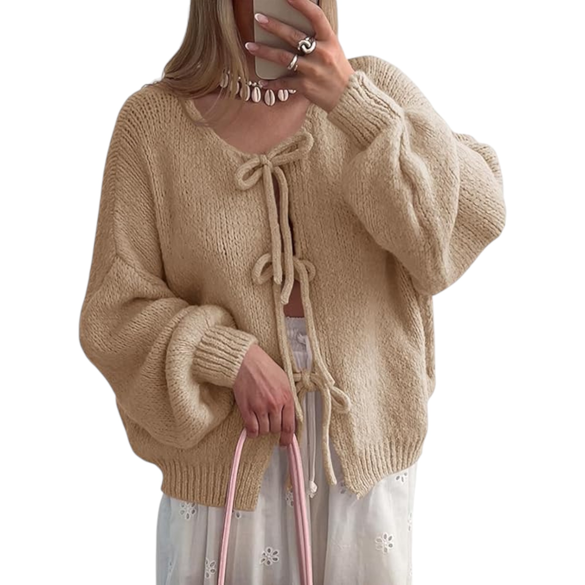 Saodimallsu Women’s Tie Front Puff Sleeve Cardigan Sweater – Loose Ribbed Knit with Cute Bow, Drawstring Closure (Khaki, 2025 Fall Trend)