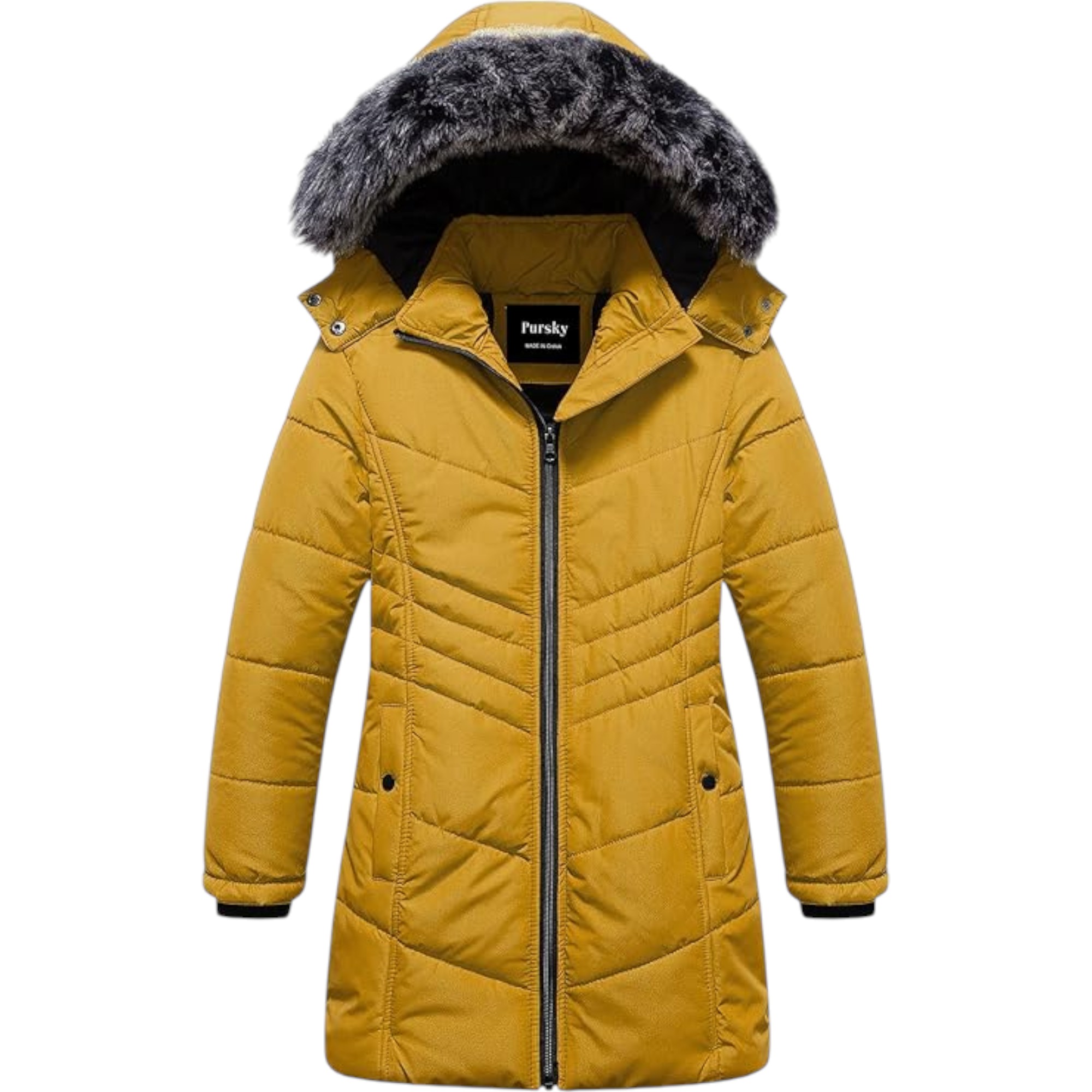 Pursky Girls’ Warm Winter Coat Long Parka – Fleece Lined Waterproof Puffer Jacket with Removable Hood (Yellow, Size 8)