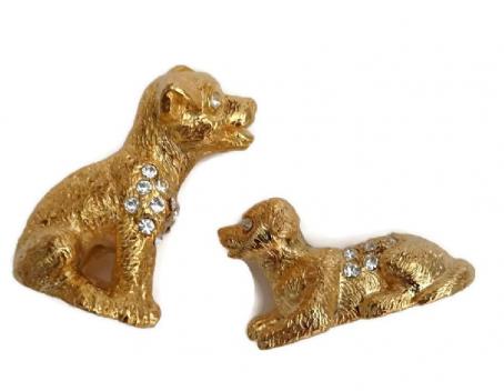 24K Gold Plated 2 Piece Dog Family Pewter Figurine with Austrian Crystal Components