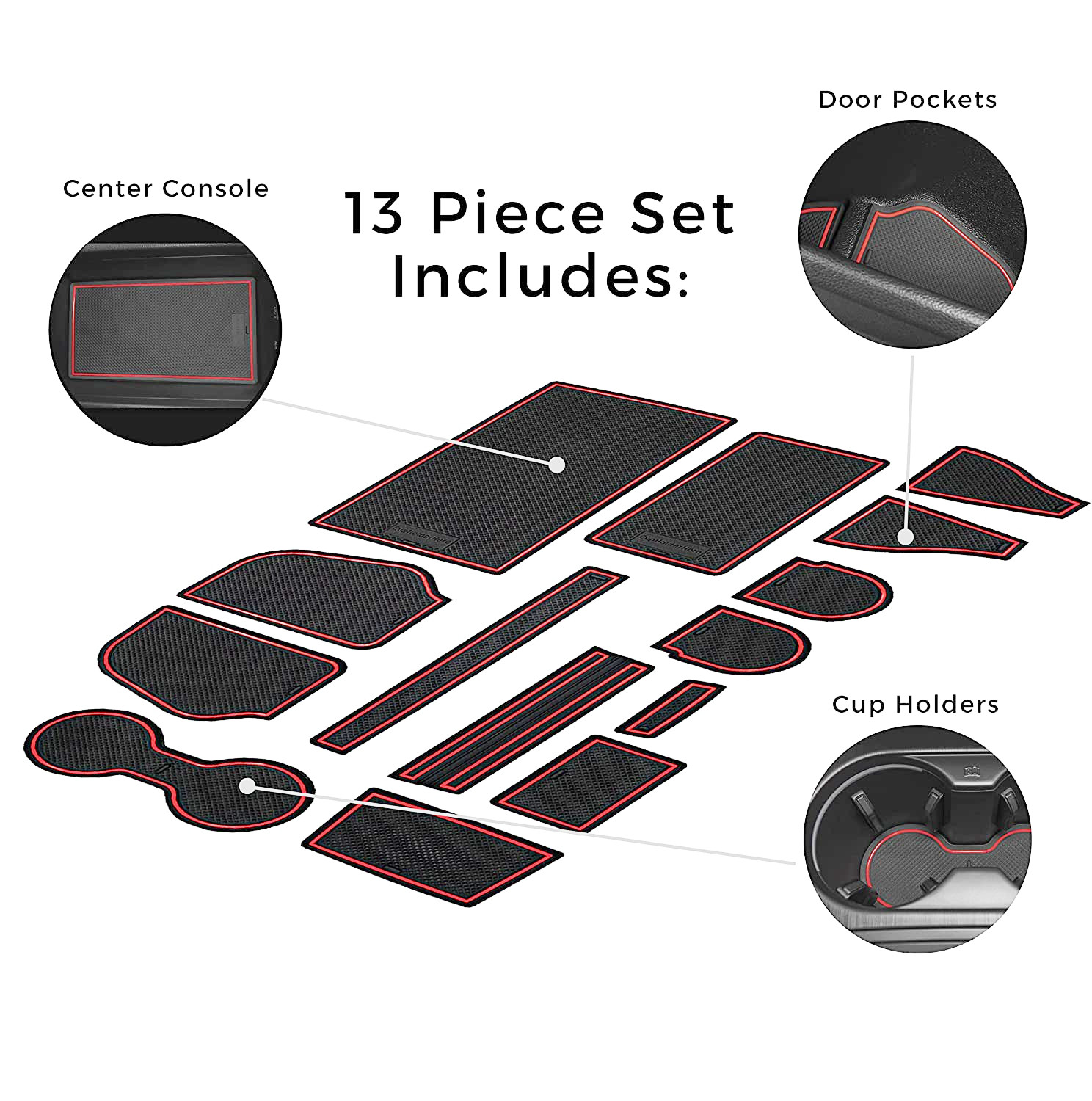 Car Interior Liners and Cup Holder Mats for Audi A5, S5, & RS5 2018-2022, 18-pc Set - Red Trim