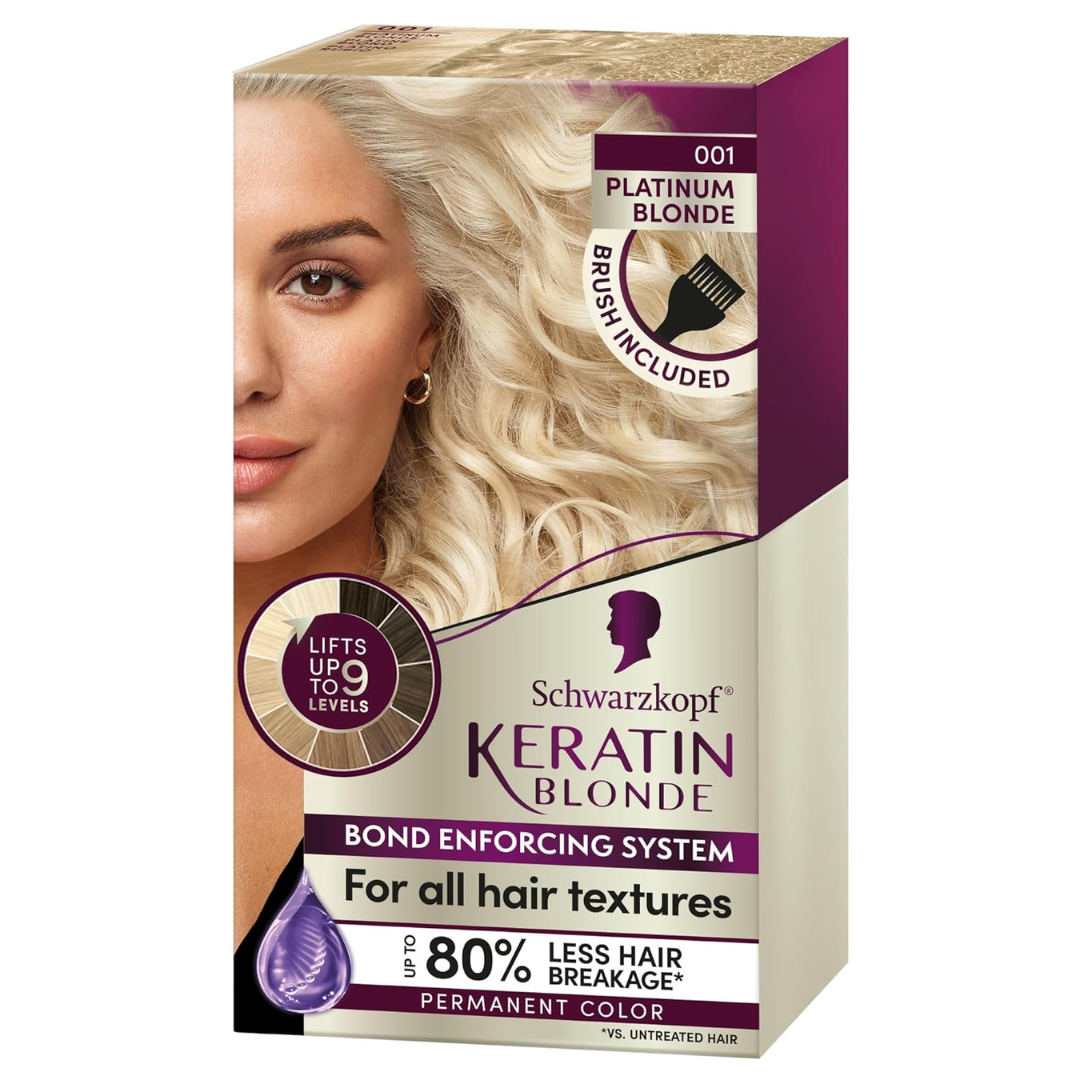 Schwarzkopf Keratin Blonde Hair Dye Platinum Blonde 001 Lightens up to 9 Levels and Protects Hair from Breakage