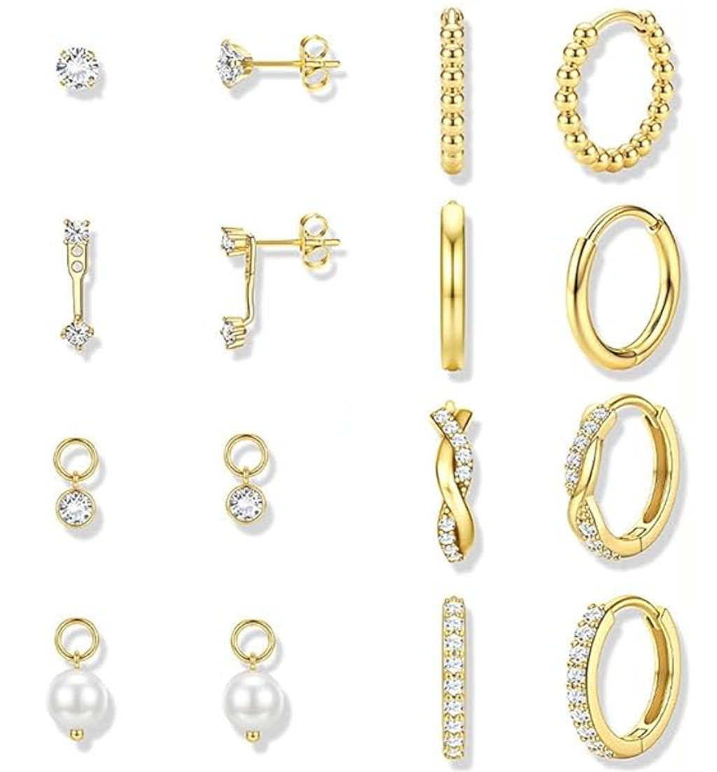 Krfy 4 Pairs Set 14K Gold Plated Huggie Hoops – Hypoallergenic, Non-Tarnish Small Cartilage Earrings for Women (10mm, Gold/Silver Color)