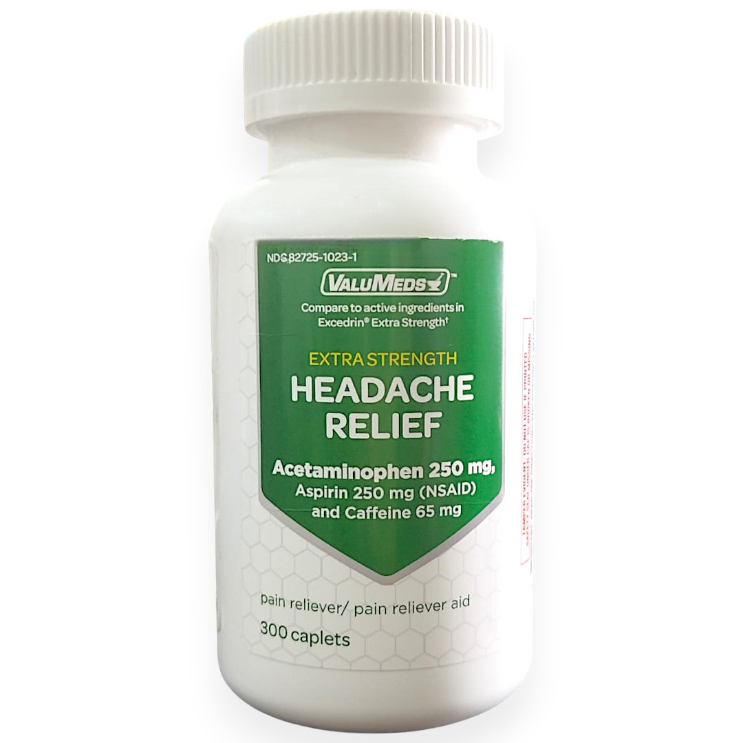 ValuMeds Extra-Strength Headache & Migraine Relief - 300 Caplets (250mg Acetaminophen, Aspirin & 65mg Caffeine) | Triple-Action Pain Relief for Migraines, Arthritis & Muscle Aches