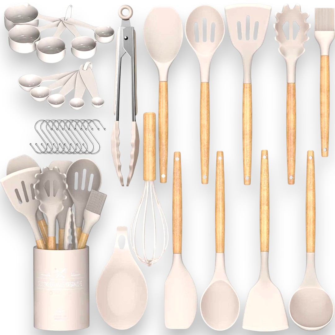 Umite Chef 33 PCS Kitchen Utensils Set - Non-Stick Silicone Cooking Tools with Wooden Handle & H