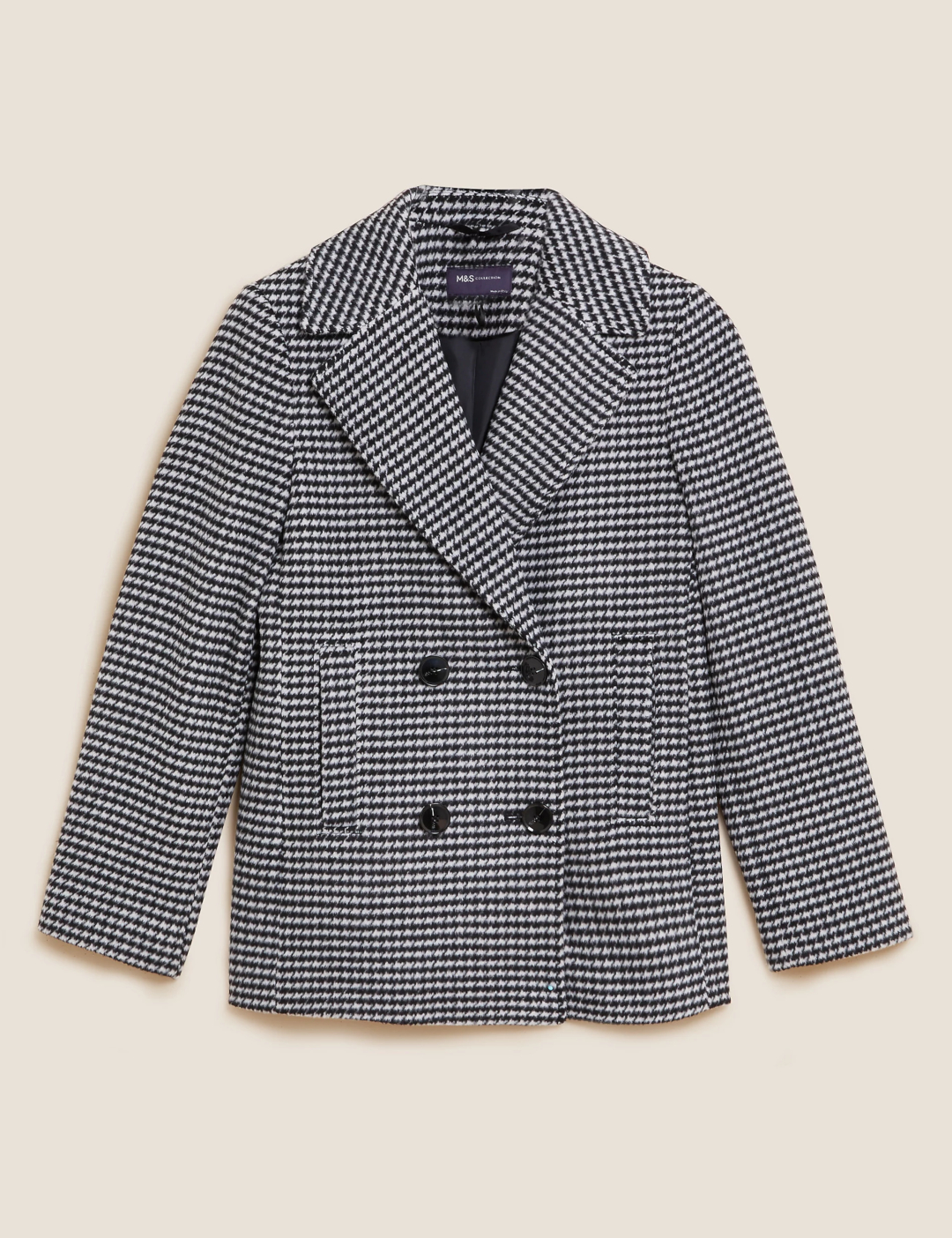 Dogtooth Collared Short Coat with Wool by Marks & Spencer - Black Mix