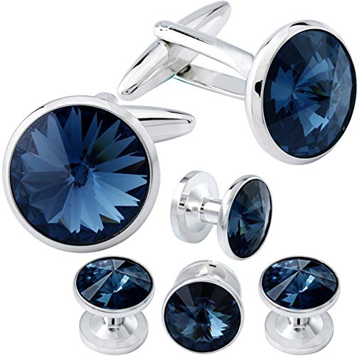 Cufflink and Studs Tuxedo Set Silver Color with Swarovski Crystals in Jet Hematite, Dark Blue
