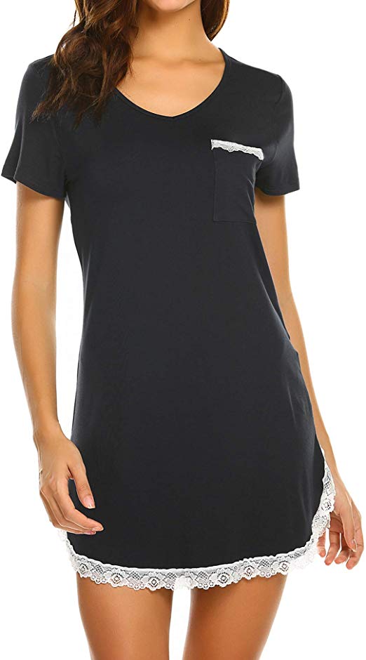 Ekouaer Sleepwear Womens Nightgown Sexy Sleep Shirt Dress V Neck Short Sleeve Lace Trim Soft Nightshirt (S-XXL)
