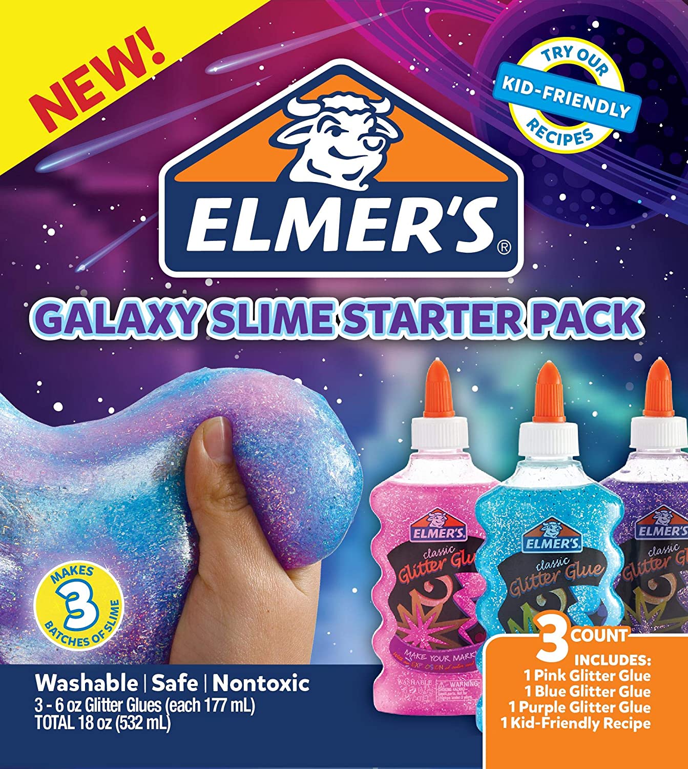 Elmer’s Galaxy Slime Starter Kit with Purple, Pink & Blue Glitter Glue, 6 Ounces Each, (Pack of 3)