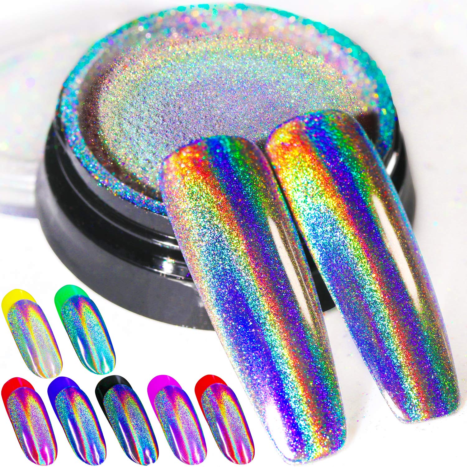 Holographic Nail Powder Fine Rainbow Holo Unicorn Mirror Laser Effect Multi Chrome Manicure Pigment Glitter Dust For Salon Home Nail Art DIY Deco, 0.04oz/1g, Sponge Tool/3pcs