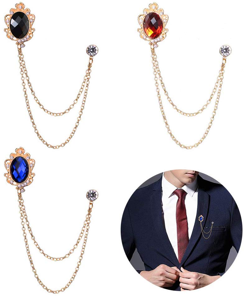 Huture 3 Packs Men's Gem Brooch Lapel Pin Badge Hanging Chains Collar Brooches