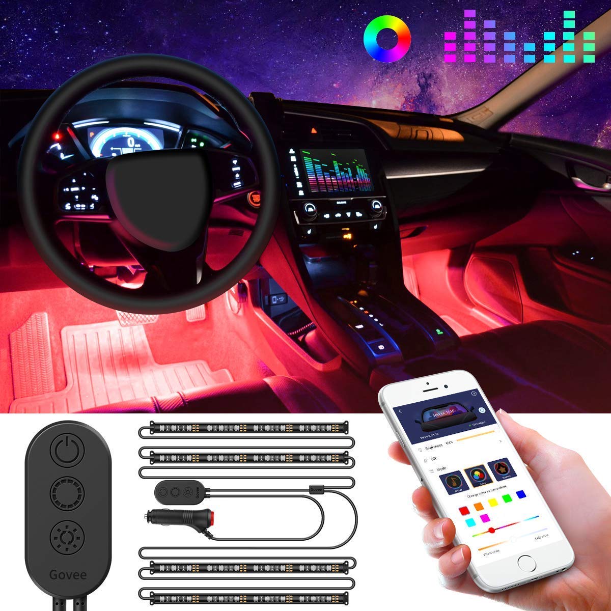 Interior Car Lights Two-Line Design Waterproof 4pcs 48 LED APP Controller Lighting Kits