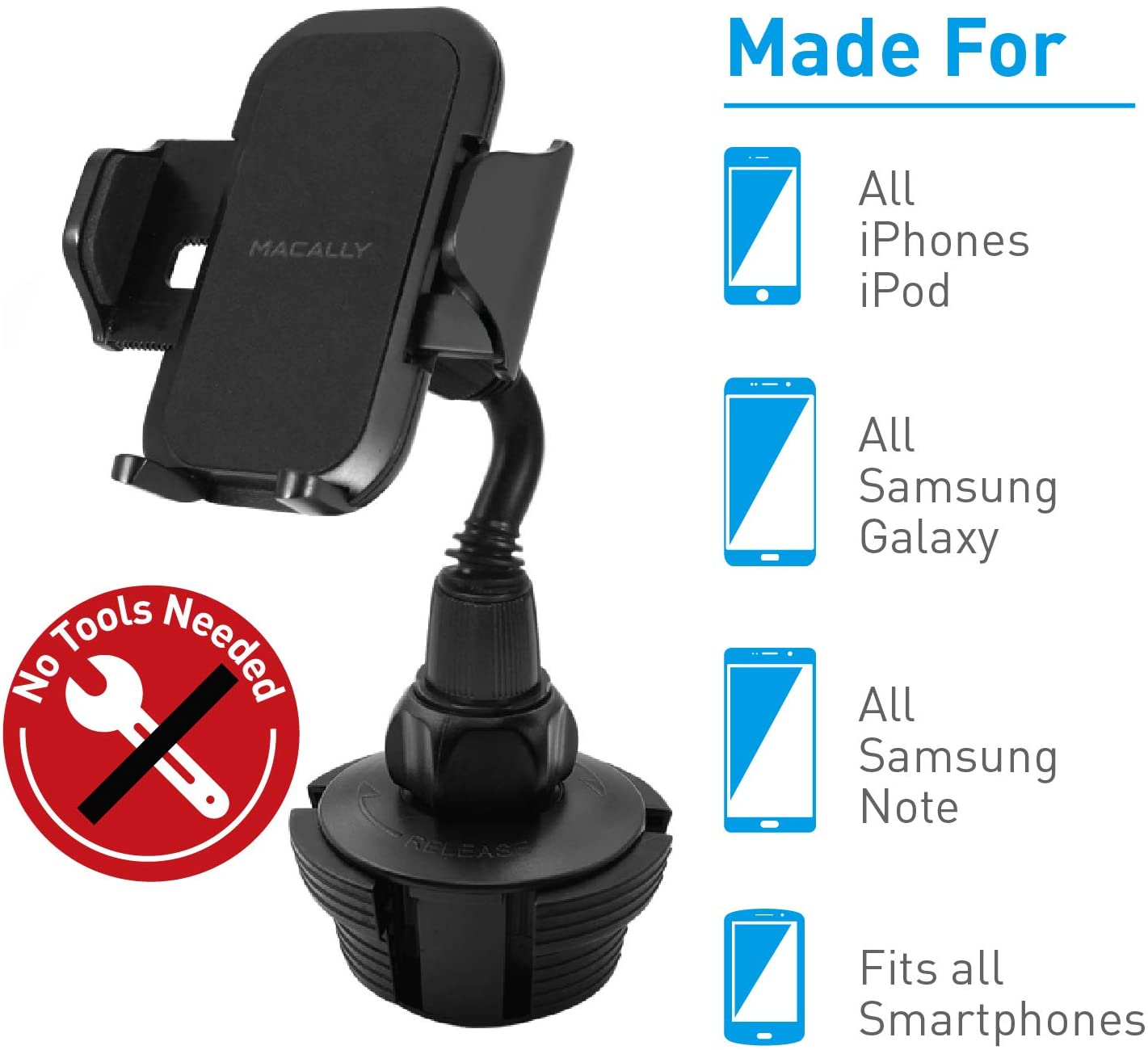 Macally Adjustable Automobile Cup Holder Phone Mount for iPhone Xs XS Max XR X 8 8+ 7 7 Plus 6s Plus 6s SE Samsung Galaxy S10 S10E S9 S9+ S8 S7 Edge S6 Note 5, Xperia, iPod, Smartphone, GPS (MCUPMP)