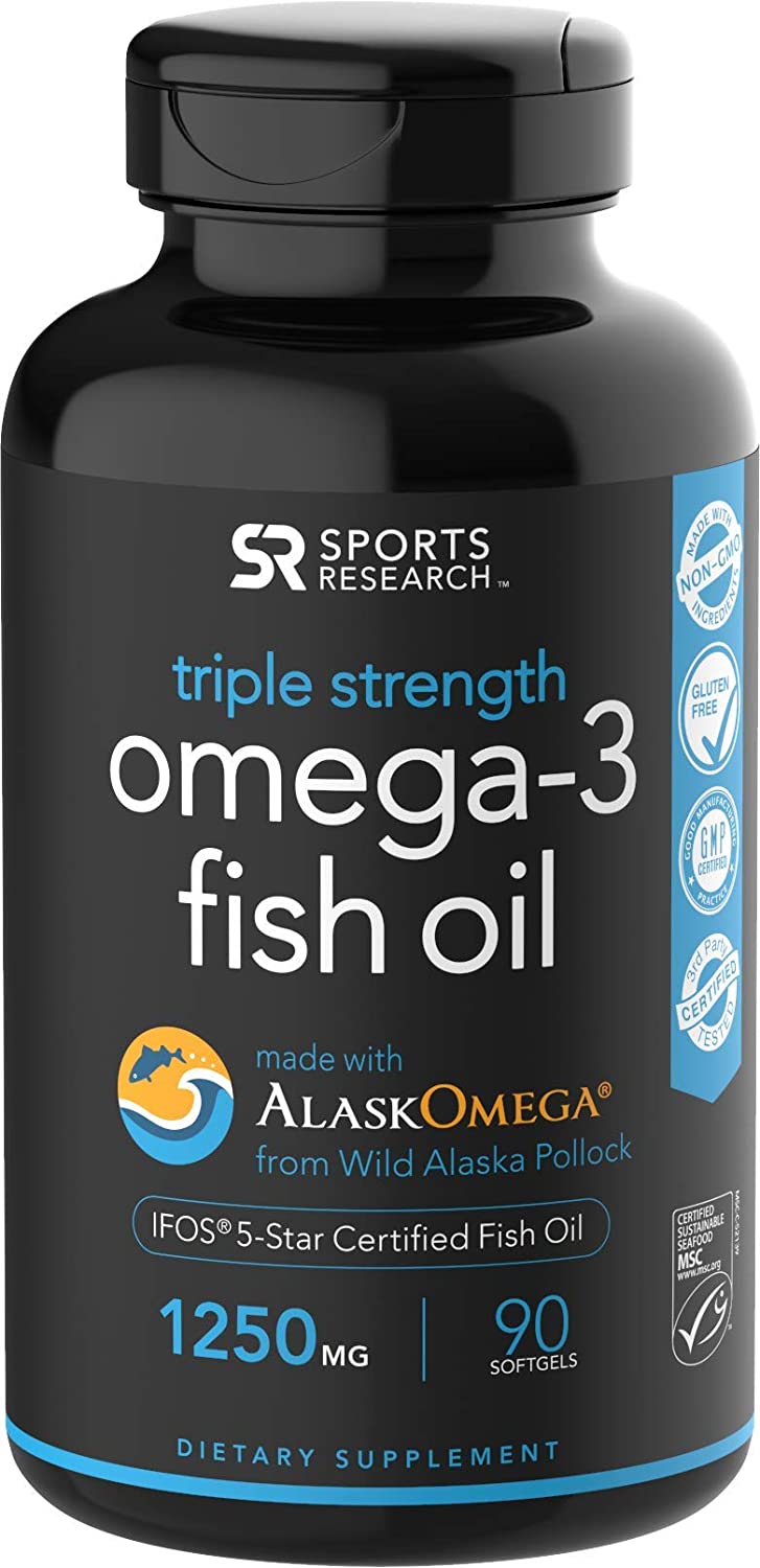 Omega-3 Wild Alaskan Fish Oil (1250mg per Capsule) with Triglyceride EPA & DHA | Heart, Brain & Joint Support | IFOS 5 Star Certified, Non-GMO & Gluten Free - 90 day Supply!