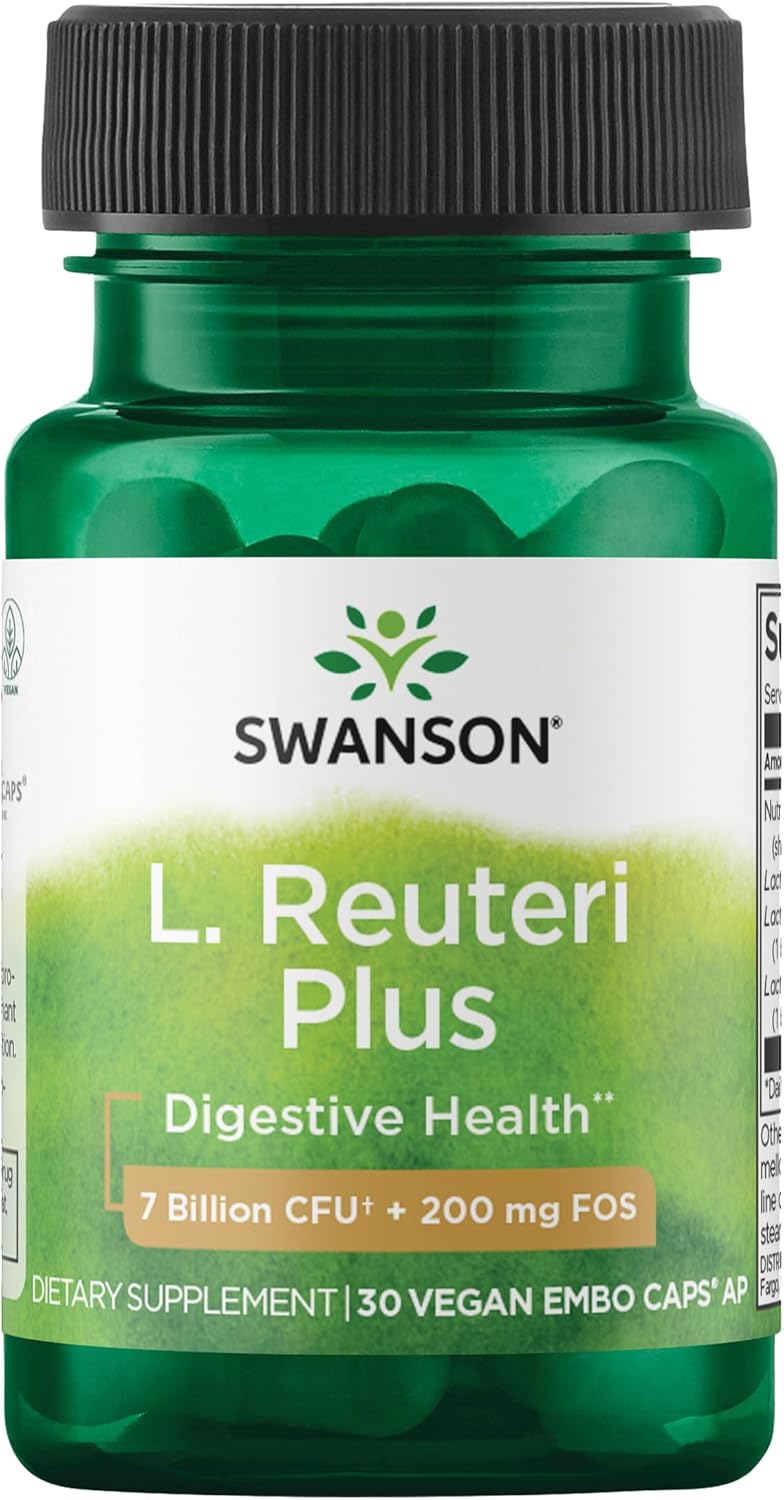 Swanson L. Reuteri Probiotic Plus with L. Rhamnosus & L. Acidophilus - 7 Billion CFU per Capsule, FOS Prebiotic for Digestive & Gut Health Support - 30 Veggie Capsules