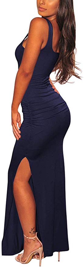 Pink Queen Women's Summer Sleeveless Low Cut High Slit Ruched Long Bodycon Dresses