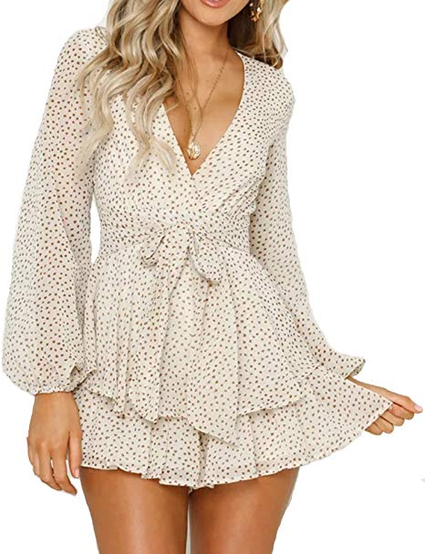 Relipop Women's Polka Dot Jumpsuits Deep V-Neck Long Sleeve Knot Front Ruffle Hem Rompers