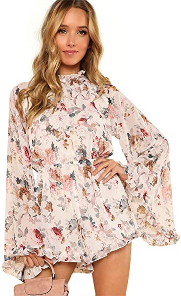 ROMWE Women's Floral Printed Ruffle Bell Sleeve Loose Fit Jumpsuit Rompers